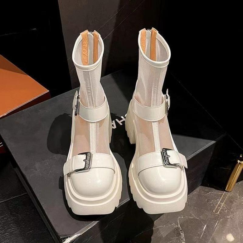 2024 Лето Новые толстые каблуки Высокий каблук Hollow Cool Boots Женские сетчатые сапоги Толстая подошва Короткие сапоги