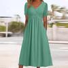 Women Summer Dress Pleated Cross Strap V Neck Short Sleeves Pure Color Pockets A-line Loose Hem Breathable Soft Dating Commute Midi Dress