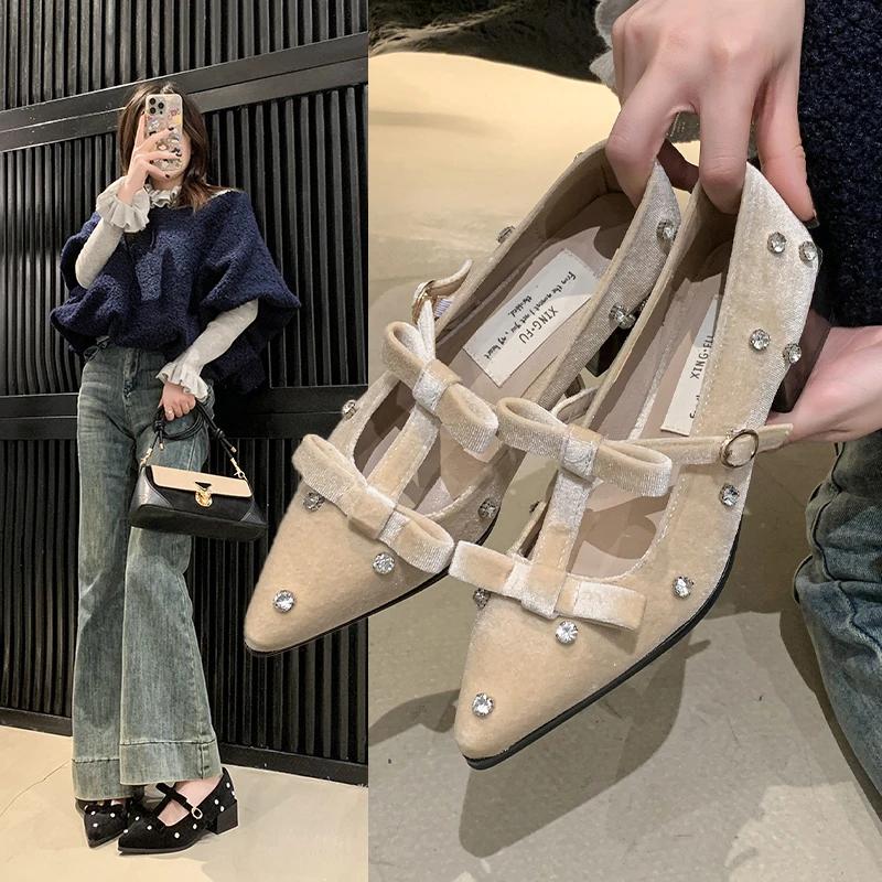 Новые весенние женские туфли-одиночки на квадратном каблуке с острым носком и бантом, ромбовидные туфли для женщин, универсальные, для повседневных поездок на работу, Zapatillas De Mujer