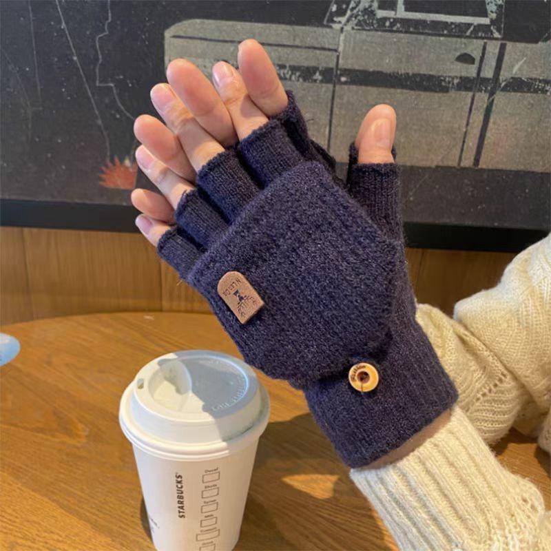 Зимние новые вязаные термоперчатки без пальцев мужские уличные ветрозащитные откидные плюшевые студенческие для письма