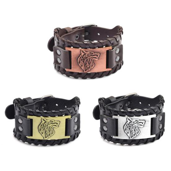 Мужской браслет, регулируемый широкий мягкий плетеный браслет из искусственной кожи в стиле ретро, ​​браслет-манжета с головой животного