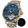 OLEVS Men's Mechanical Automatic Winding Moon Phase Stylish Skeleton Waterproof Popular Watch Luminous Watch for Men Blue & Gold