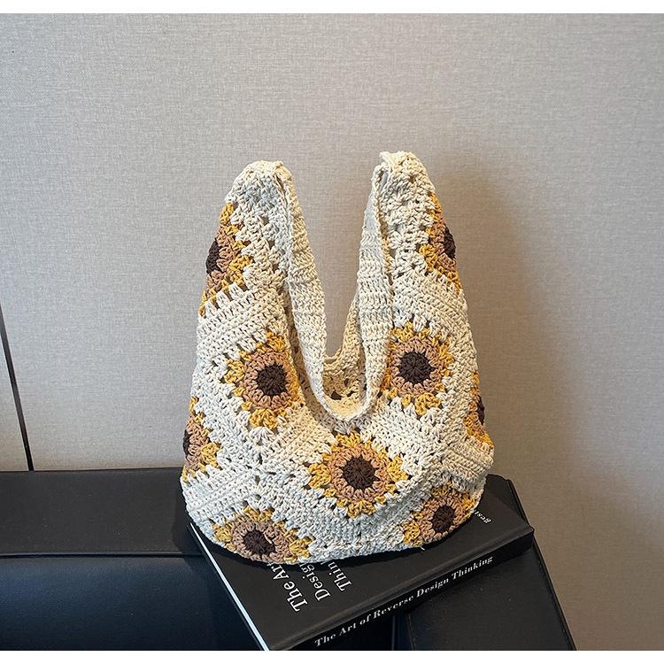 Вязаная сумка большой вместимости новая сумка на плечо с крючком и цветочным узором полая хлопковая нить пляжная сумка отпускная сумка-тоут