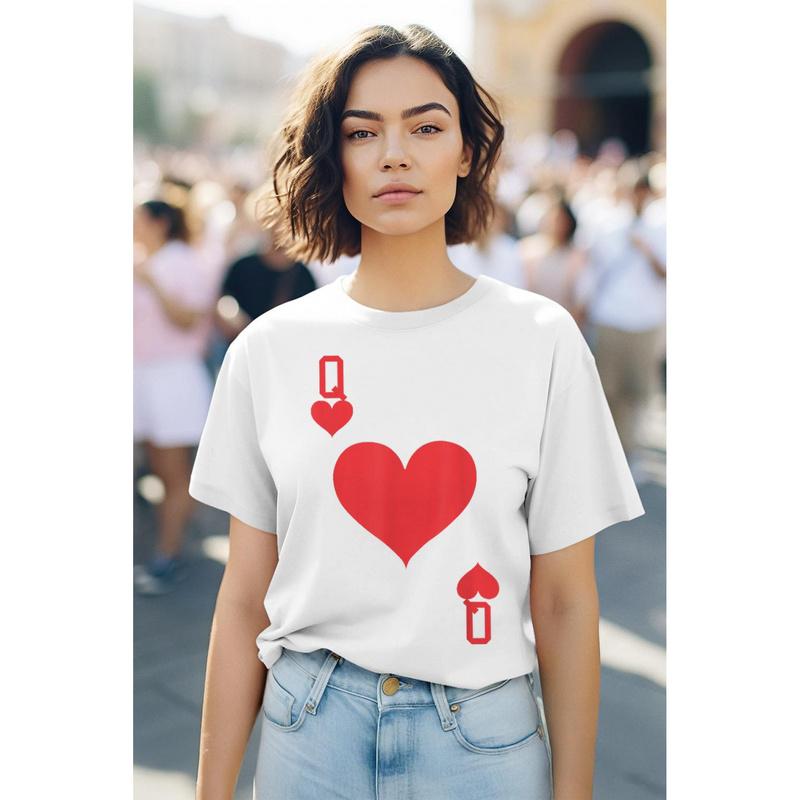 Queen Of Hearts Costume T-Shirt For S - Unisex White Tee With Red & Black Heart Spade Print, Short Sleeve Round Neck Casual Party Outfit, Playing