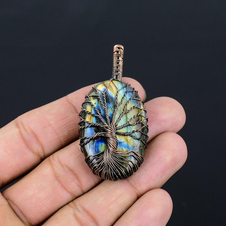 Подвеска из драгоценного камня «Дерево жизни» с лабрадоритом, подвеска из медной проволоки, подвеска из лабрадорита, подвеска ручной работы, лабрадорит, ювелирное изделие в подарок для нее