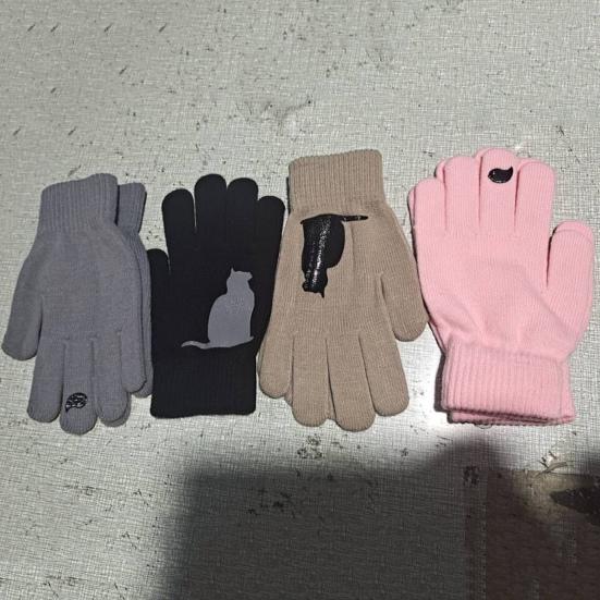 1 пара зимних вязаных перчаток, толстые плюшевые однотонные с принтом кошек и птиц, высокоэластичные, ветрозащитные, сохраняющие тепло, перчатки для велоспорта