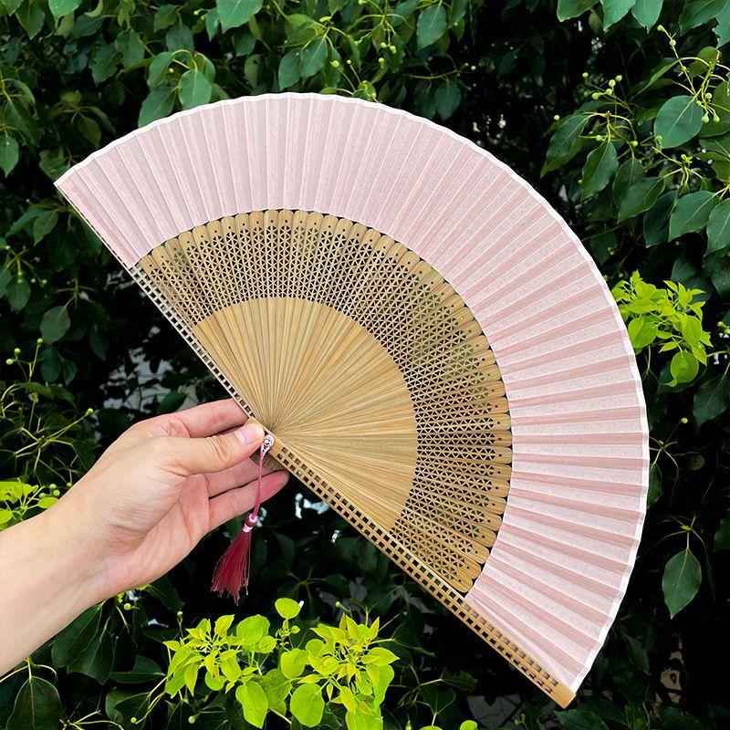 Fan Japanese Style and Fan Bamboo Handle Folding Fan Exquisite Folding Fan Ancient Style Send Small Tassel