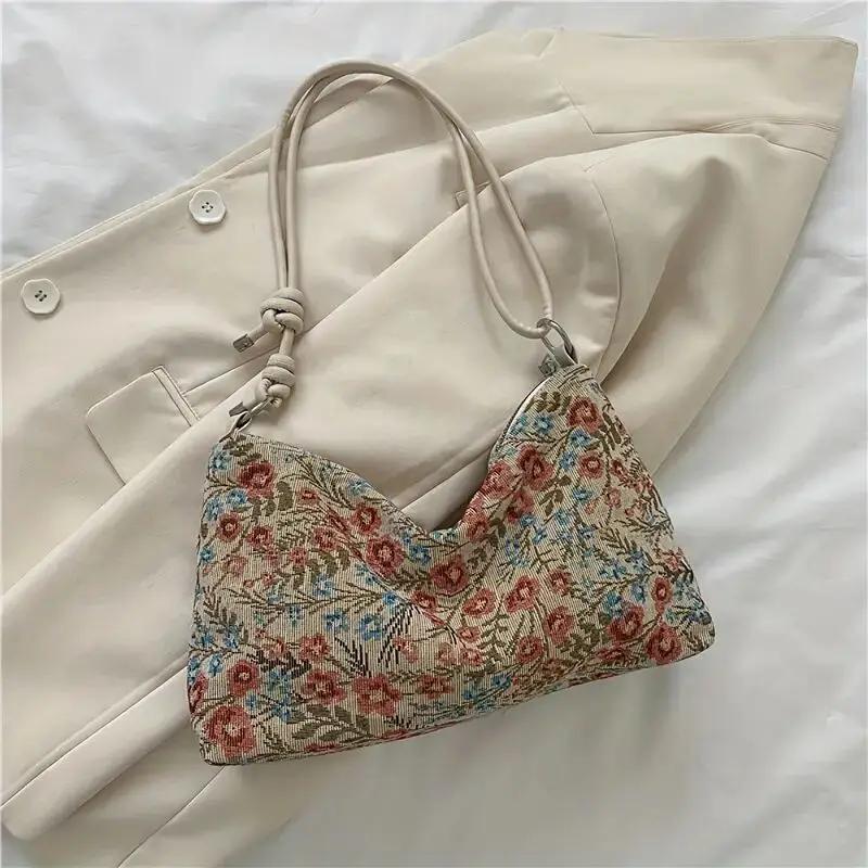 Women's Simple Versatile Hobo Bag Handbag Retro Print Underarm Bag Large Capacity Stylish Casual Canvas Shoulder Bag