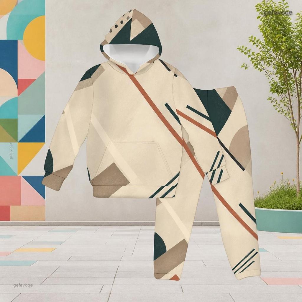 Girls Abstract Printed Hooded Long Sleeve Kangaroo Pocket Top Cuffed Pants Two Piece Set