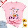 Im Eggcited For Easter Tshirt Cute Cartoon Bunny With Decorated Eggs Floral Heart Graphic Playful Pun Festive Casual Outfits