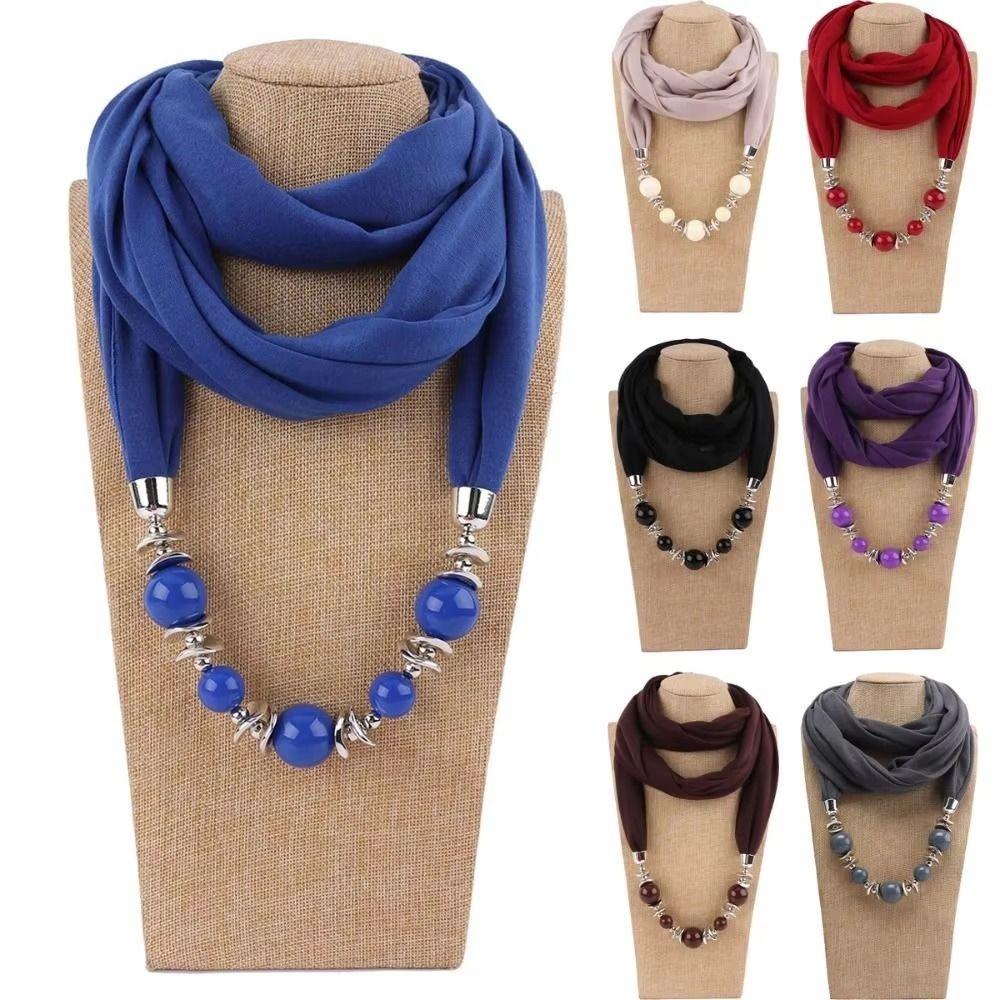 Vintage Style Beaded Pendant Scarf Solid Color Beaded Shawl Wrap Ethnic Necklace Scarf Party