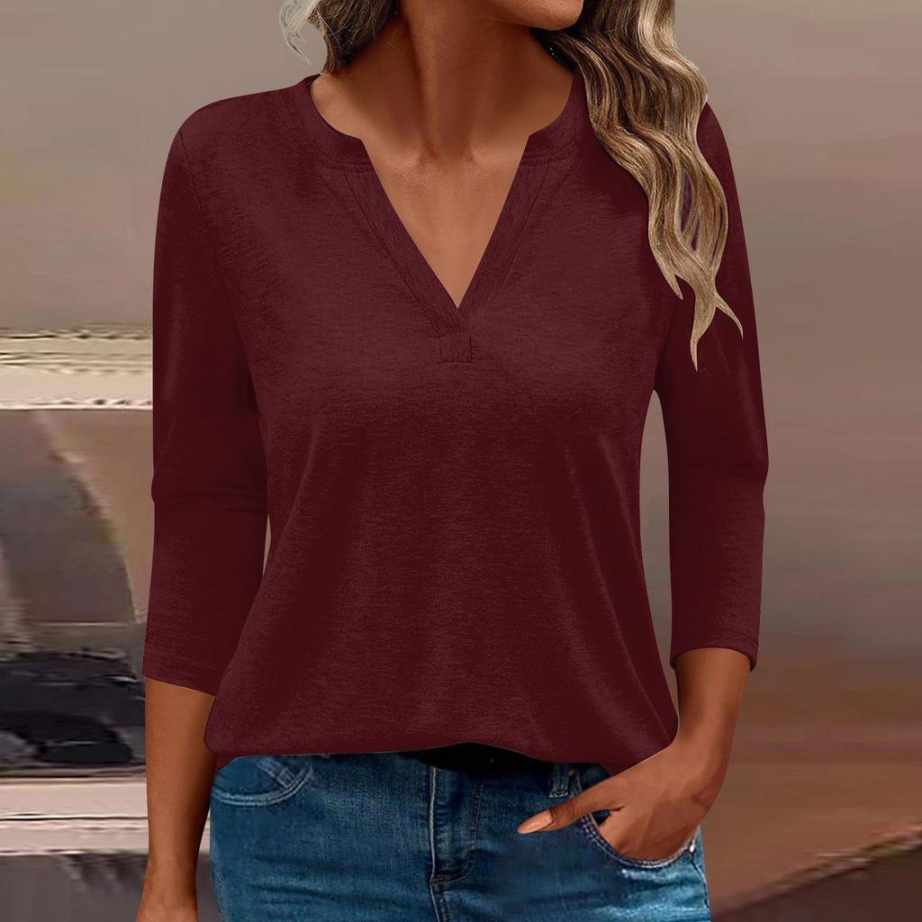 Жен. Футболка Футболка Сплошной цвет Рукав 3/4 Повседневные Выходные Мода Классический V-образный вырез Обычный Топ