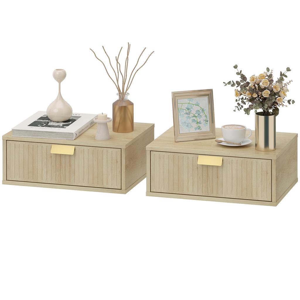Modern Floating Nightstands Set of 2, Wall Mounted Bedside Tables with Wave Drawer Oak
