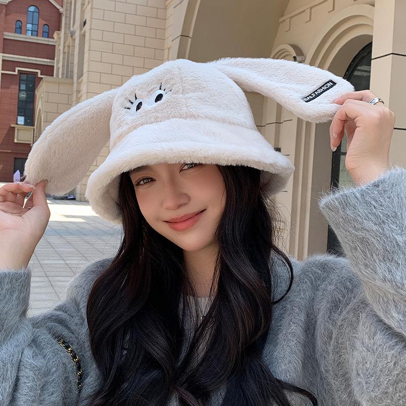 Sweet Cute Rabbit Ears Hat Women's Fashion Plush Bucket Bucket Hat Outdoor Warm Ear Protector