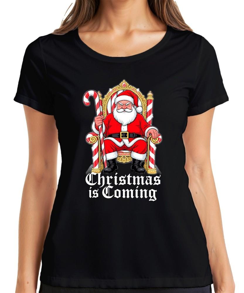 Christmas Is Coming Santa Claus Throne Candy Cane Gothic Retr Unisexs TShirt