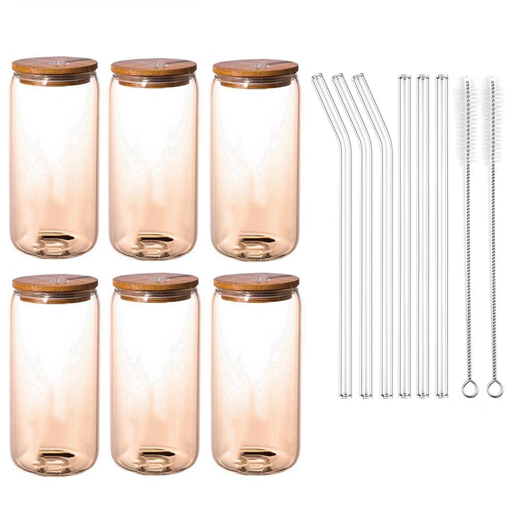6pcs 400/500ml Glass Cup with Bamboo Lid and Straw Bubble Tea Cup Glasses Cups Beer Can Coffee Cup Cold Wine Cola Drinkware