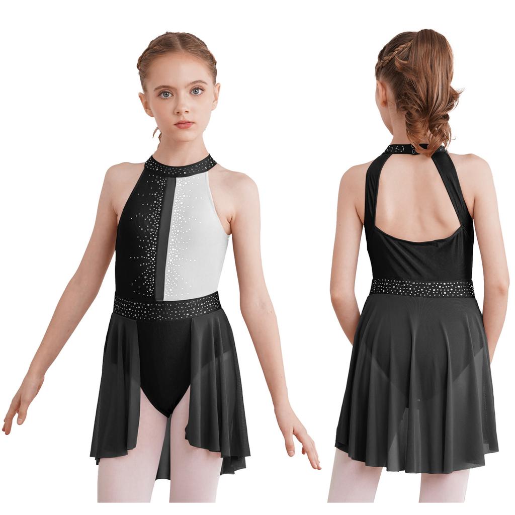 Girls Lyrical Dress Shiny Rhinestone Decor Sleeveless Irregular Hem Dance Leotard Dress Kids Dancewear