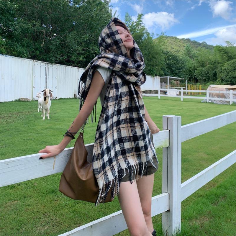 Scarf Women's Winter Versatile Temperament Thousand Bird Grid Scarf High Sense Imitation Cashmere Student Warm Shawl Dual-purpose