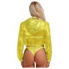 Womens Sparkly Sheer Top Hooded Long Sleeve Cropped Design Loose Fit Tops Club Rave Party