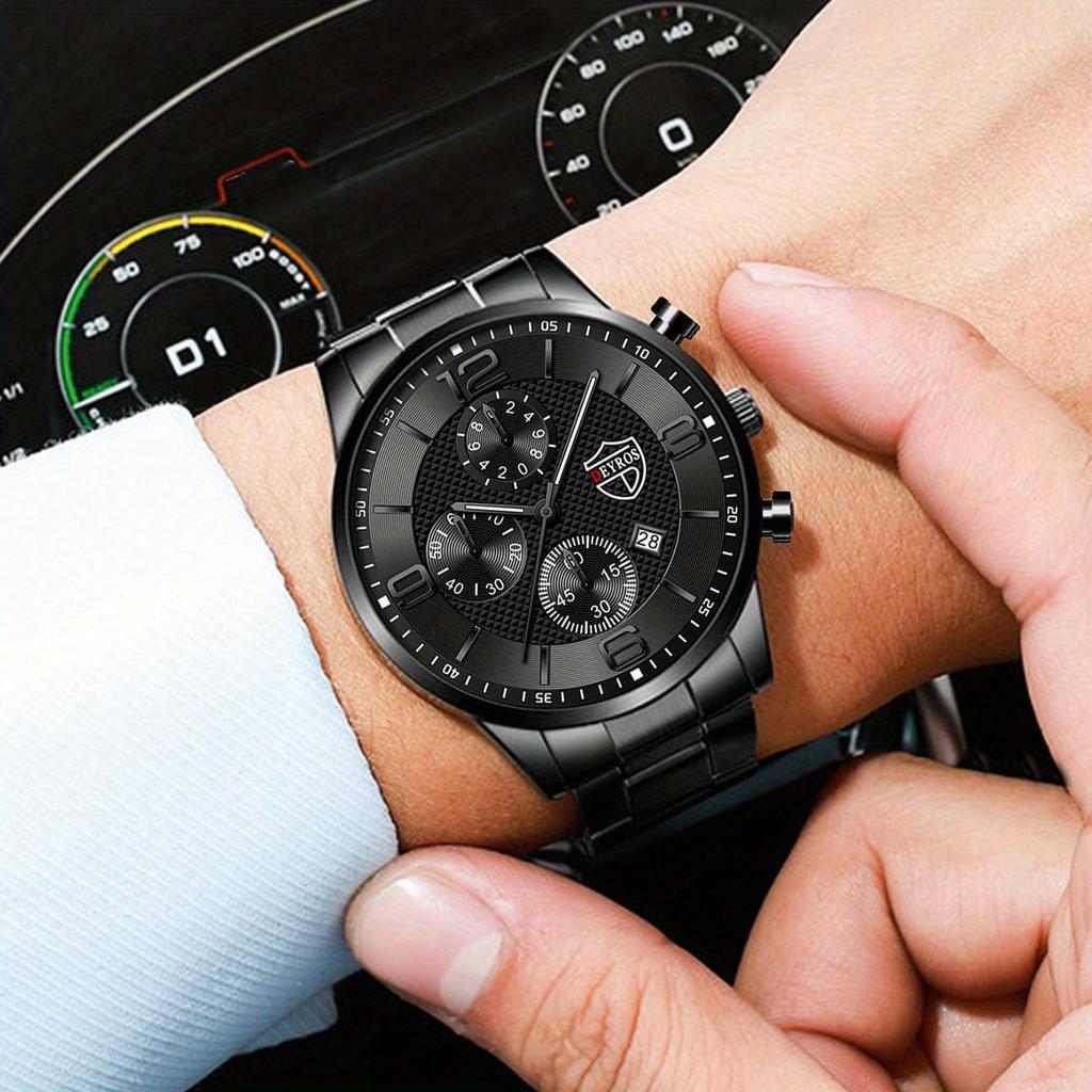 3pcs/set, Men's Calendar Fashion Business Stainless Steel Quartz Watch & Bracelet & Necklace Mens Gifts