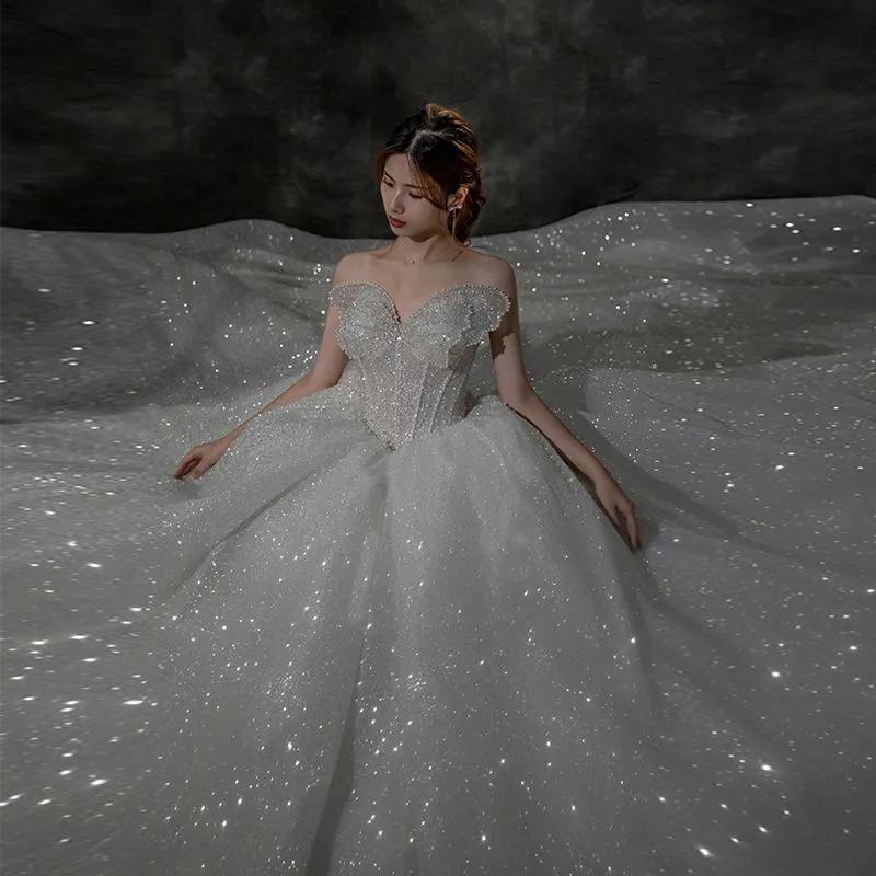 Французский бант Свадебное платье без бретелек - Сверкающее роскошное свадебное платье, Принцесса бальное платье из блестящего тюля с корсетом