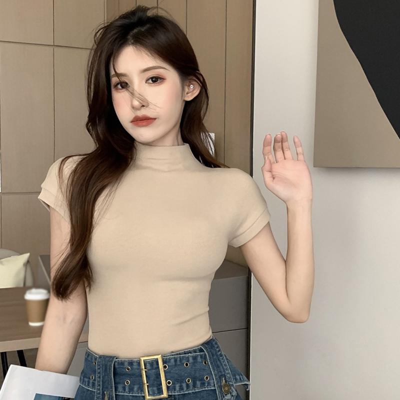 M-XL элегантная тонкая футболка с коротким рукавом для женщин, однотонная летняя полуводолазка, мягкий повседневный универсальный пуловер, топ