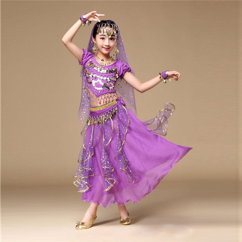 Girl Kids Tulle Indian Belly Dance Clothing Children Performance Costume Tops+Skirt 2pcs Dance Set
