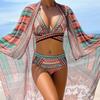 Винтажный купальник бикини National с сетчатыми накидками, бикини халтер с перекрещенным передом, набор из 3 предметов, синий/зеленый/красный, пляжная одежда с высокой талией