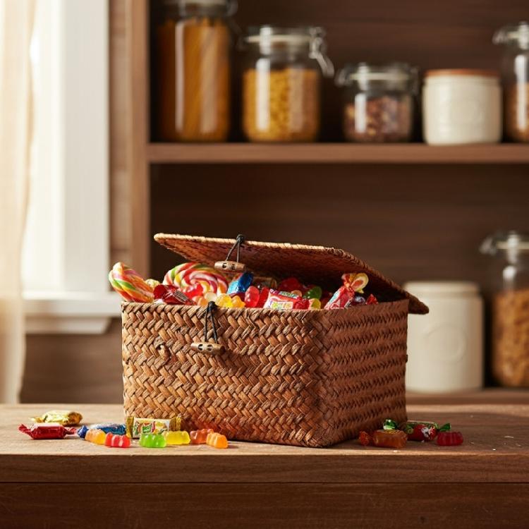 Устойчивая плетеная вручную корзина для хранения с крышкой, конфетница, органайзер для столешницы, дизайн из натурального волокна