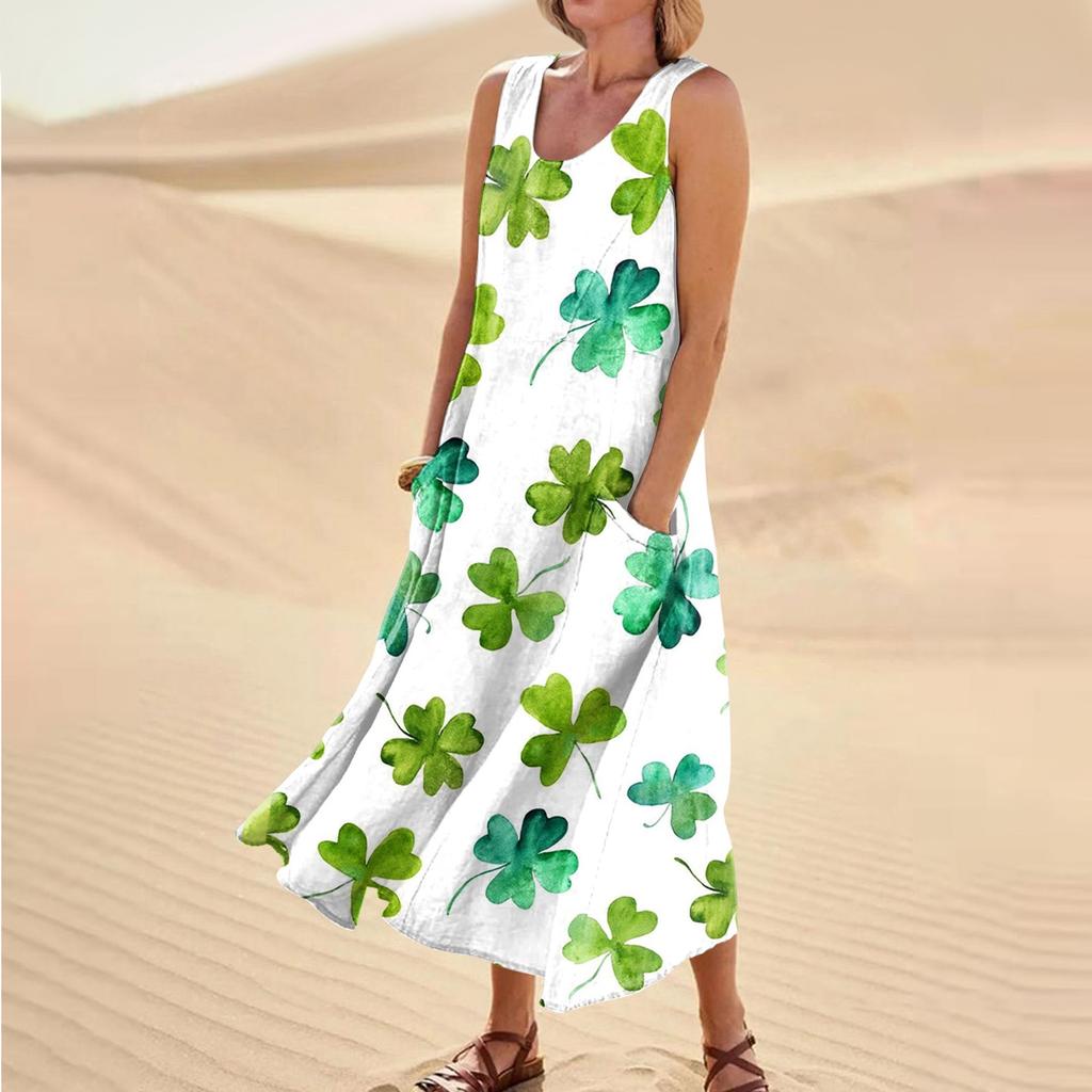 Women's Casual Comfort St. Patrick's Day Printed Sleeveless Pocket Dress