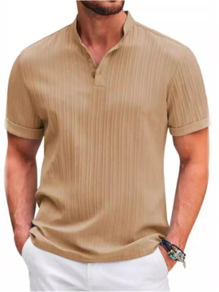 2025 Лето Новая мужская хлопковая и льняная полосатая жаккардовая рубашка с лацканами Повседневная Удобная Стильная Повседневная Рубашка с короткими рукавами