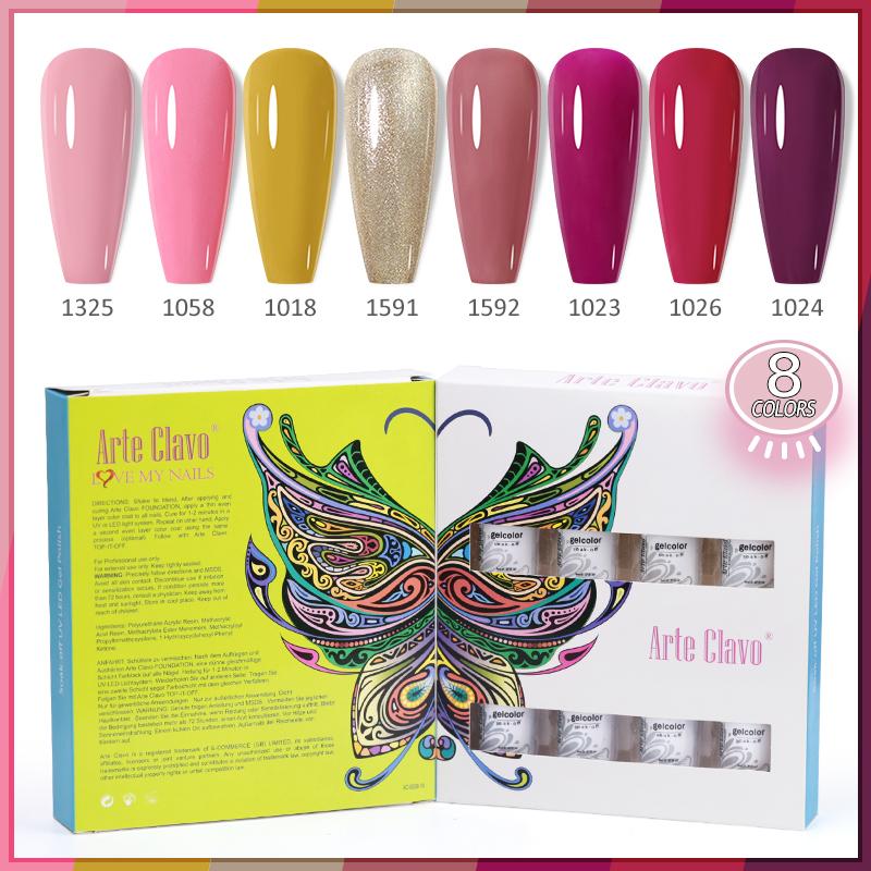 Arte Clavo 8 бутылок/набор, высококачественный блестящий гель-лак для ногтей для маникюра, гель-лак для дизайна ногтей, верхнее базовое покрытие, лак