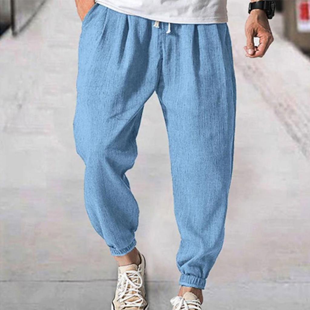 Men's Linen-Cotton Casual Trousers - Elastic Waist Drawstring, Breathable, Ankle-Cuffed Solid Color Pants