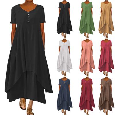 Женская мода Boho сплошной цвет с коротким рукавом свободное повседневное нерегулярное платье