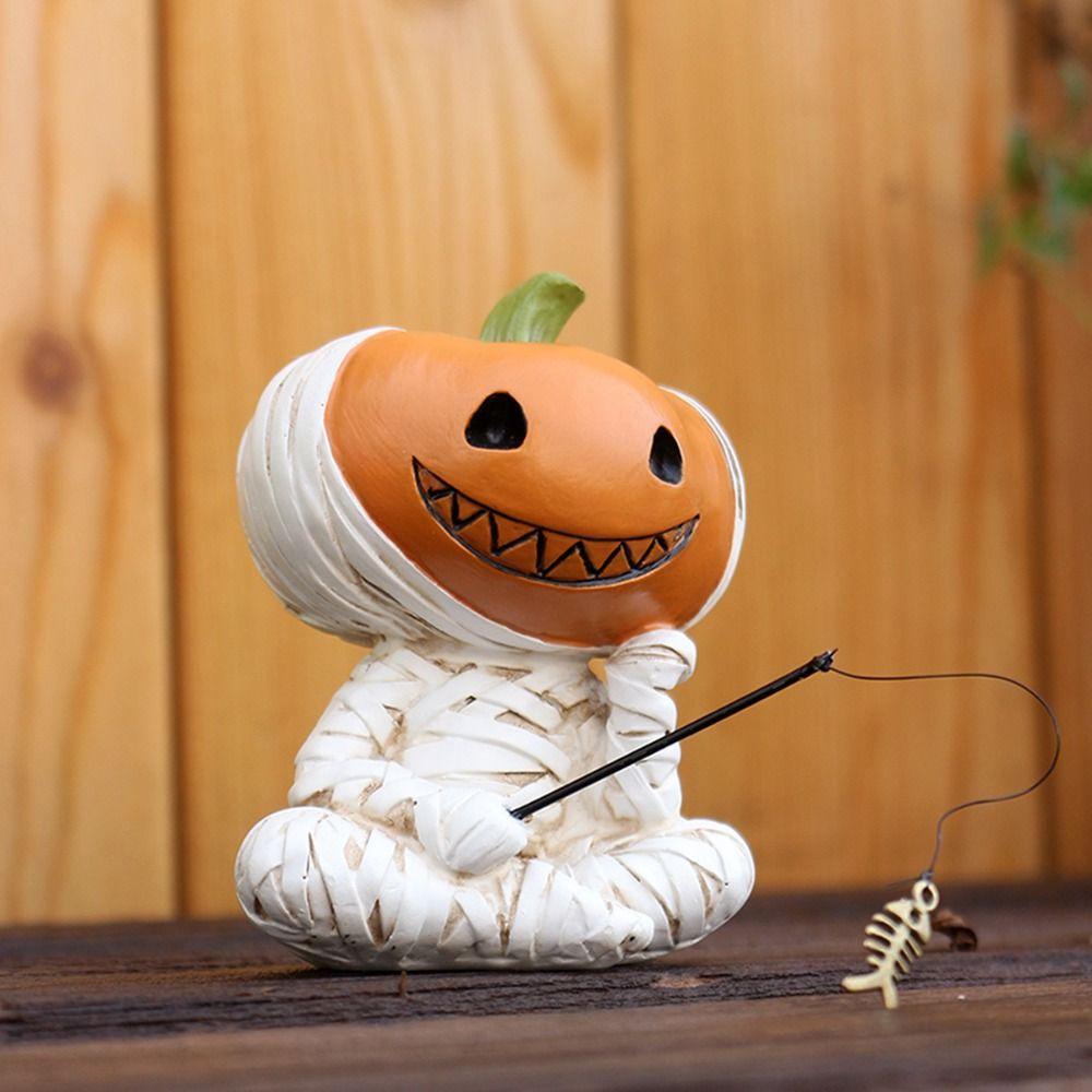 Cartoon Pumpkin Scarecrow Fishing Statue Resin Miniatures Figurine Pumpkin Elf Sculpture Balcony
