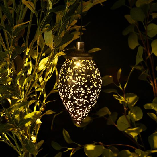 Outdoor Lantern Hollowed-out Light-control Water Drop Iron Art Shaped Solar Operated Garden Projection