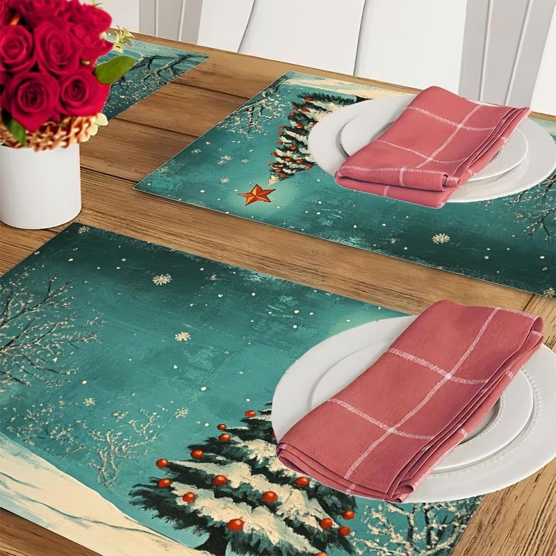 4-Pack Festive Christmas Placemats, Merry Christmas Polyester Table Mats, Atomic Era Turquoise Teal Tree Design, Machine Washable Rectangular Dining D