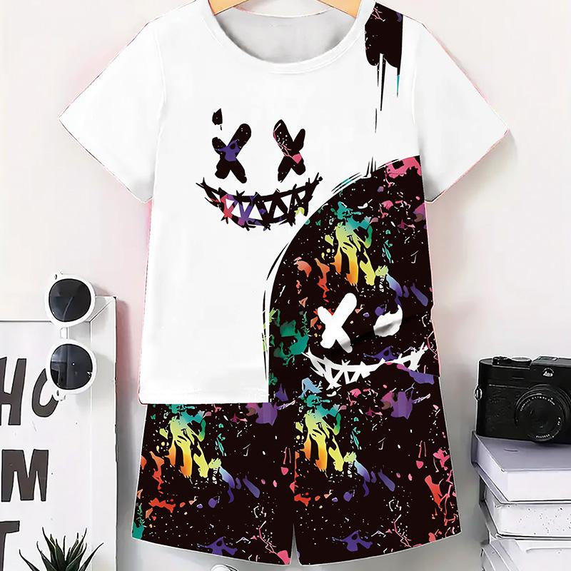 Мужской костюм, летний повседневный дышащий освежающий костюм с принтом 3D Evil Face, большой мужской свободный топ, модный с короткими рукавами
