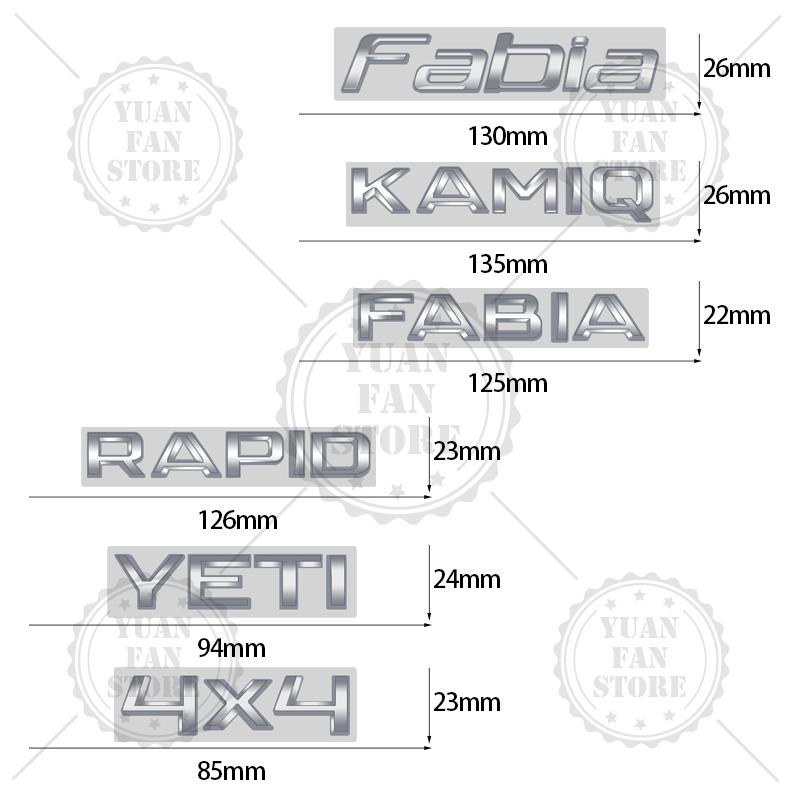 ABCDGG1 Bright Silver For Skoda Kodiaq Karoq Kamiq Superb Octavia Rapid 4X4 Fabia Yeti Metal Badge 3D Stickers Car Trunk Body Decal