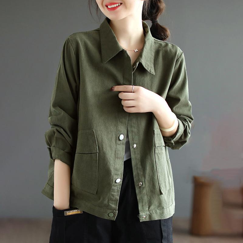 Cotton Jacket Women Autumn Short Casual Button Jacket Loose Simple Large Size Long Sleeve Tops