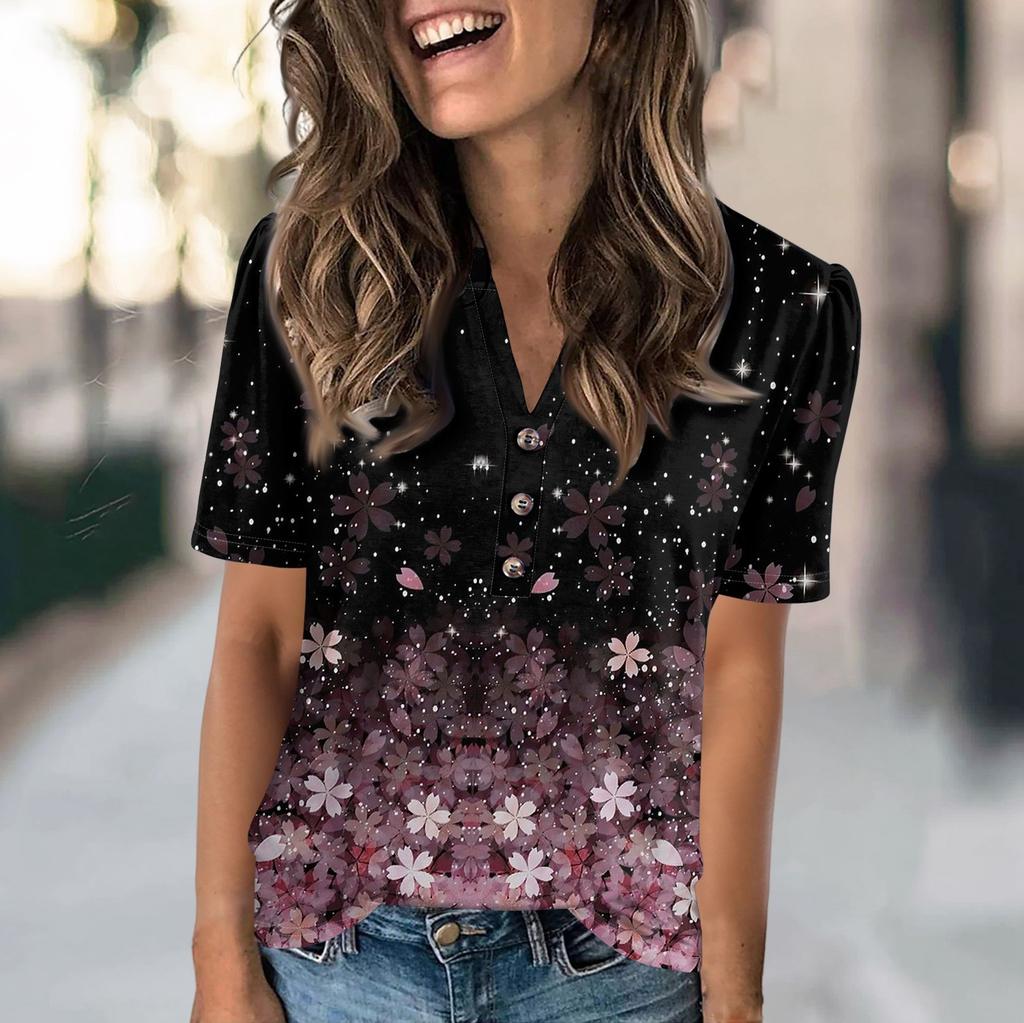 Women's Fashion Casual Flower Print V-neck Short Sleeve Button Up T-shirt Top