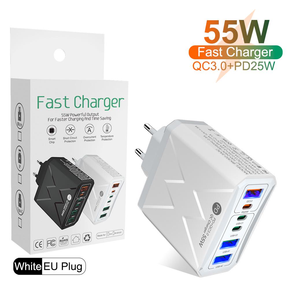 Быстрое зарядное устройство PD 25 Вт на 6 портов: 3 USB, 3 PD 55 Вт с QC3.0 – Штекеры EU, UK, AU