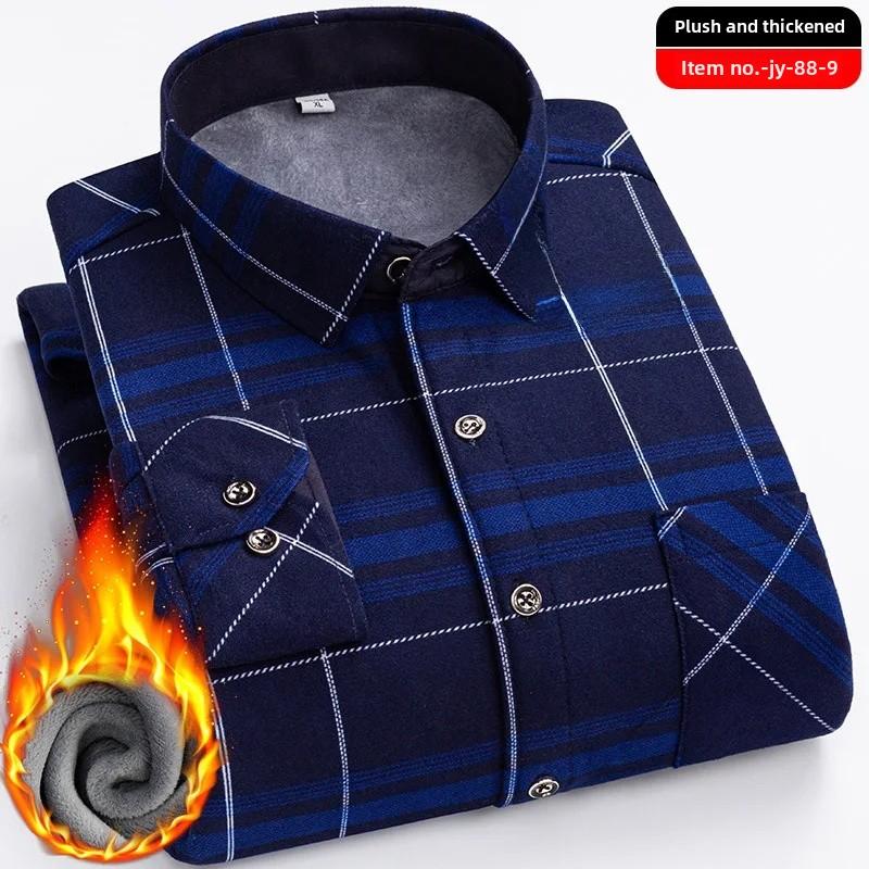 Thickened Flannel Men's Shirt Warm Plaid Winter Casual Square Collar Plus Size Clothing Fleece Lined Double Sided Velvet