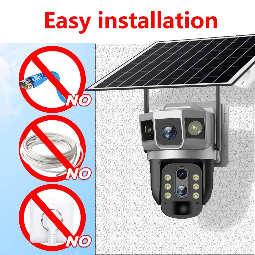 3-объективная HD наружная солнечная камера со встроенным аккумулятором Беспроводная IP CCTV Беспроводная мощность 6K PTZ Автоматическое отслеживание Детский монитор для улицы