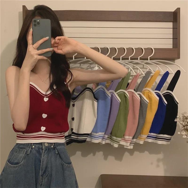 Женский контрастный жилет Love Button Camisole Vest - летний трикотажный укороченный топ 2024 года