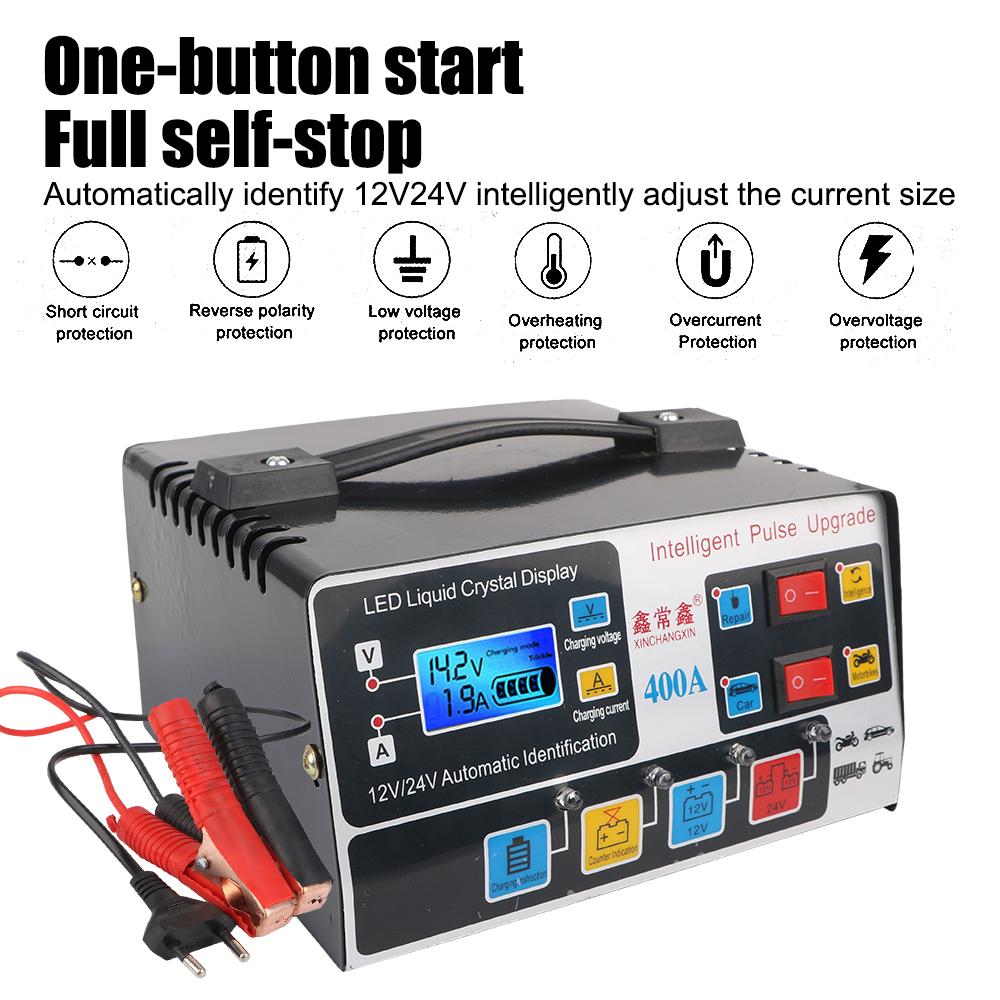 EU Plug High Frequency Pulse Repair For SUV Truck Boat Motorcycle Fully Automatic Car Battery Charger 12V/24V 220W High Power
