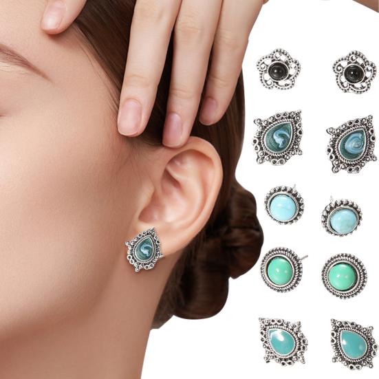 5 пар женских ушей в стиле ретро, ​​бирюзовые, искусственные шпильки в этническом стиле, богемные полые, гладкие, антиаллергенные
