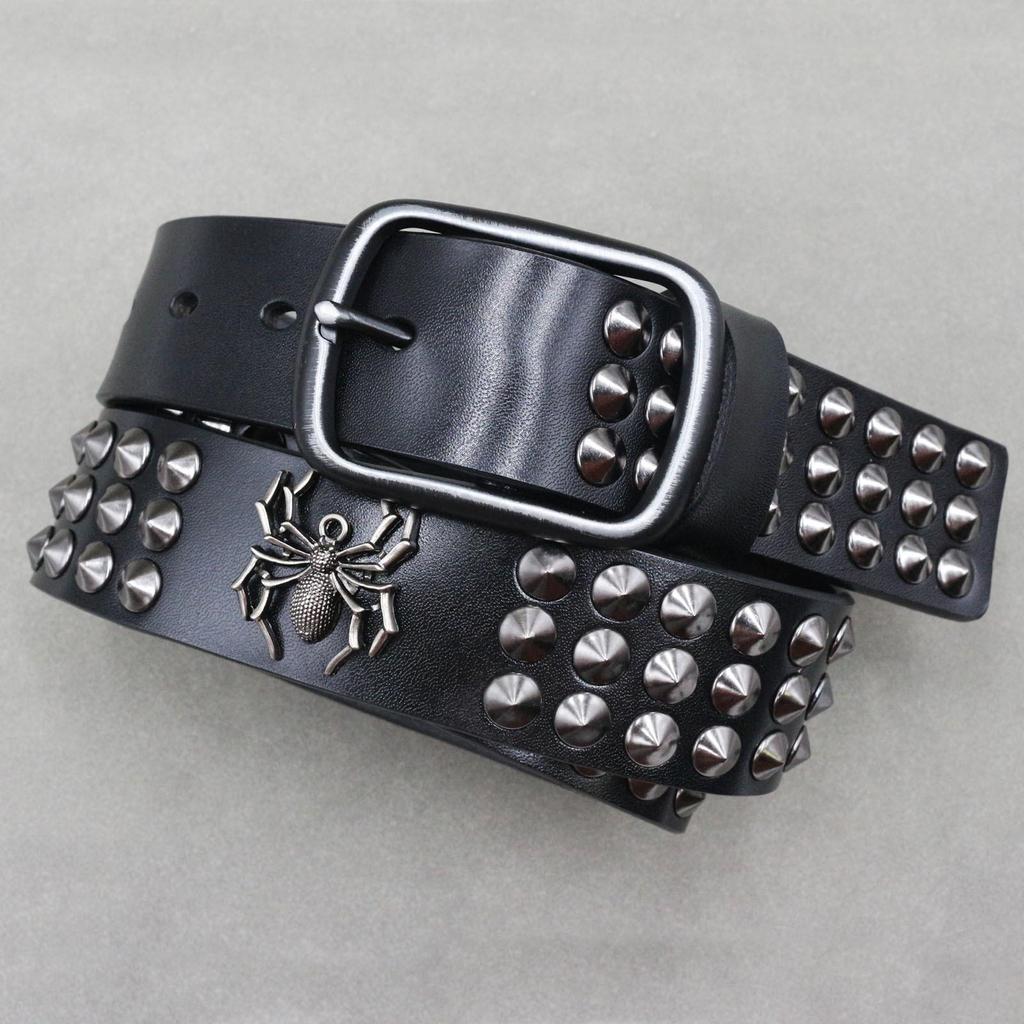 2024 Оригинальный Дизайн Панк Кожаный Ремень с Шипами-Пауками, Заклепками и D-образной Пряжкой