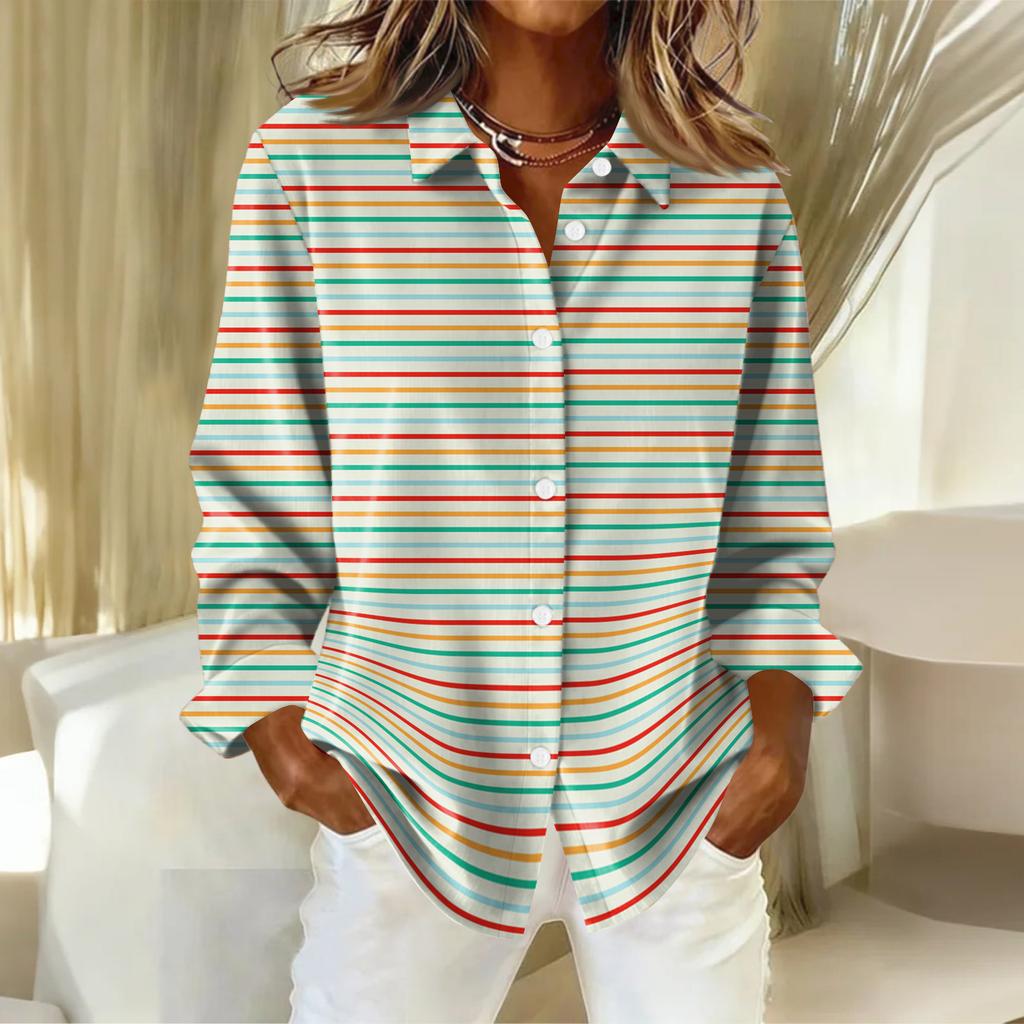 Женская рубашка-блузка с рождественским принтом и пуговицами, длинный рукав, повседневный базовый рубашечный воротник, обычный топ