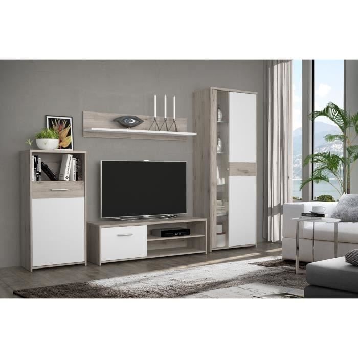 GULADA Ensemble meuble télé - buffet 170cm - table à manger 160cm - Contemporain - Blanc et décor chêne